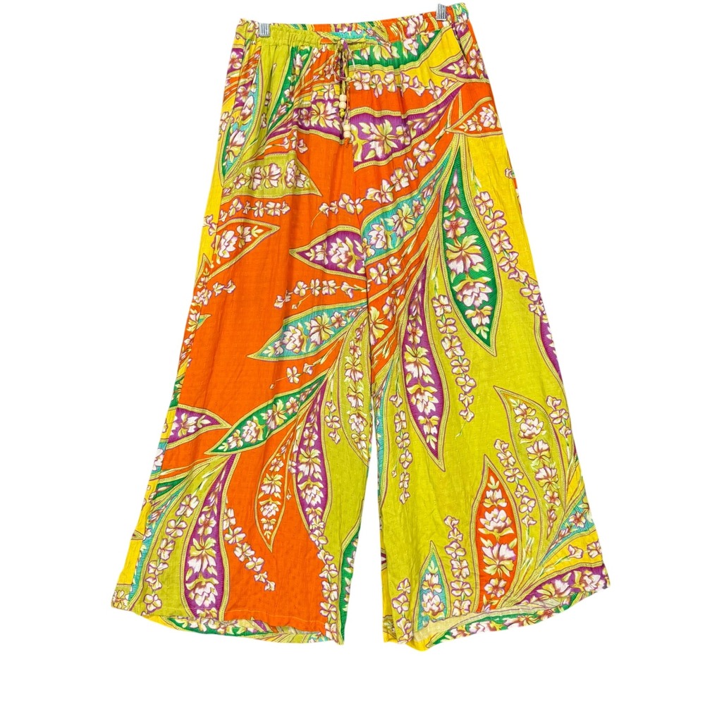 Haute Hippie Style Wide Leg Pants Womens M Yellow Floral Rayon Boho Beach Lounge